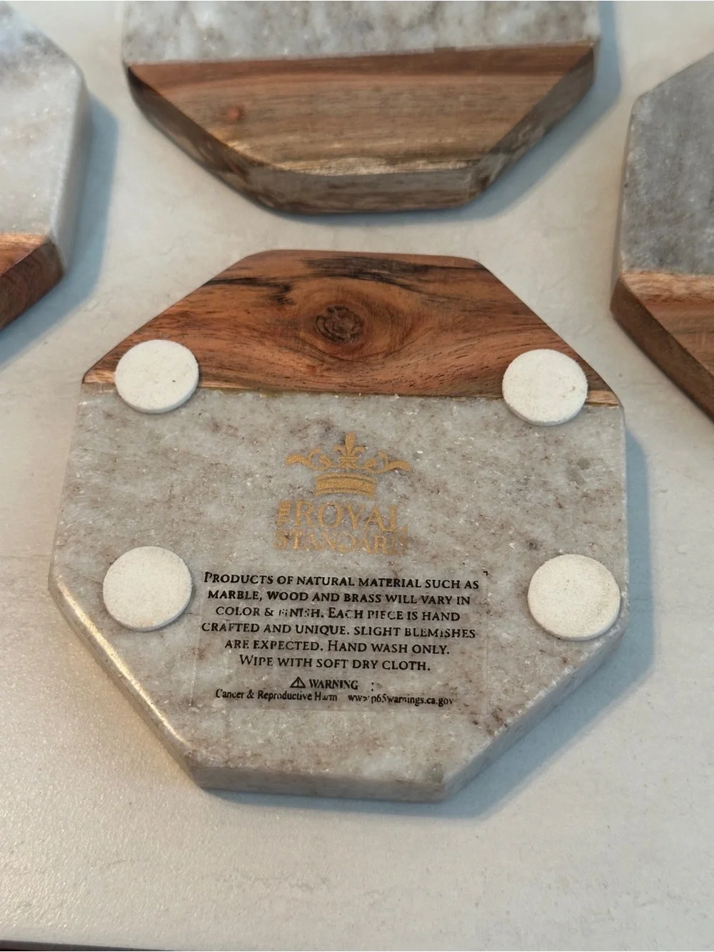 Marble & Wood Coasters Octagon Set of 4 Grey/Brown - Royal Standard